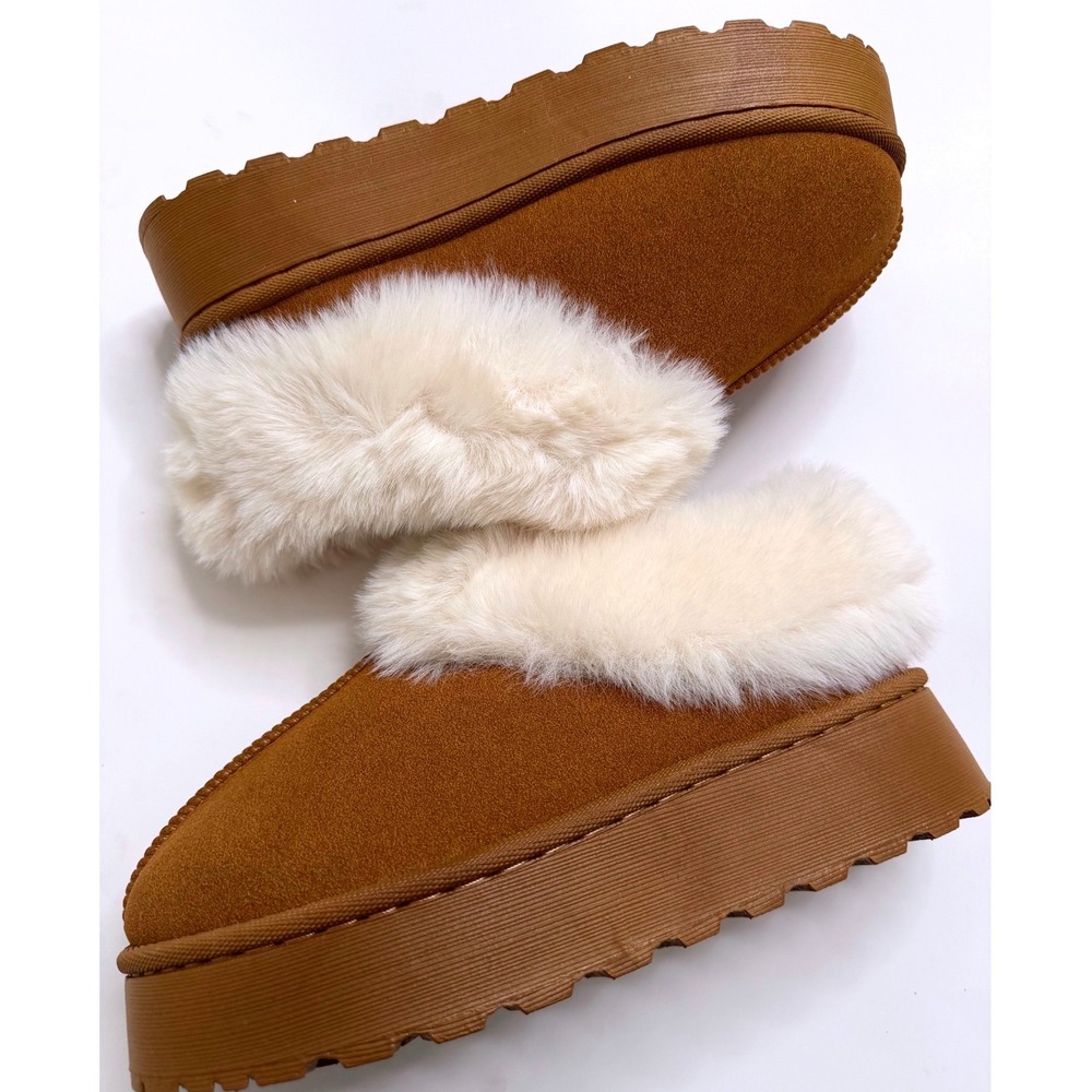 Women's Brown Faux Suede Fur-Lined Platform Clog Slippers Mules Size 42